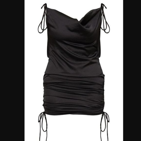 RELISTED  PrettyLittleThing Black Satin Ruched Sides Open Back Strappy Dress - Picture 5 of 5